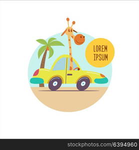 Giraffe rides in a vintage car among the palm trees. Beautiful journey Safari in Africa. Vector illustration. Isolated on a white background.