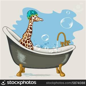 Giraffe sitting in the bathroom with soap bubbles on a blue background. Hand drawn vector illustration.