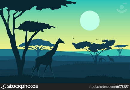 Giraffe Tree Animal Savanna Landscape Africa Wildlife Illustration