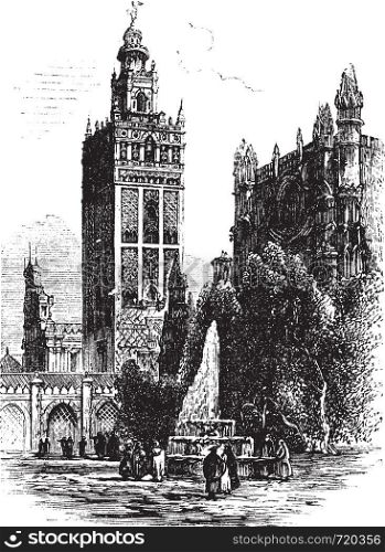 Giralda in Seville, Spain, during the 1890s, vintage engraving. Old engraved illustration of Giralda with Cathedral of Seville.