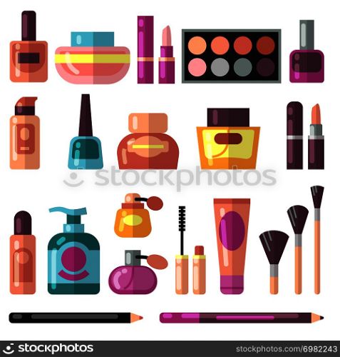 Girl accessories, beauty and makeup flat vector icons. Cosmetics and perfume pictograms. Fashion perfume and makeup cosmetic illustration. Girl accessories, beauty and makeup flat vector icons. Cosmetics and perfume pictograms
