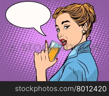 girl alcoholic drink pop art retro style. A glass of wine or champagne. Party and celebration. girl alcoholic drink