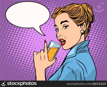 girl alcoholic drink pop art retro style. A glass of wine or champagne. Party and celebration. girl alcoholic drink