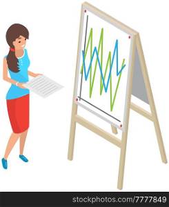 Girl analysing board with financial graphs and charts. Woman with statistical business report in her hands looks at poster with fluctuating graph. Female character analyze statistics on board. Girl with statistical business report in hands analysing board with financial graphs and charts