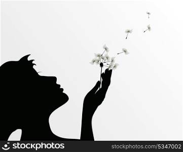 Girl and a dandelion. The girl blows on a flower a dandelion. A vector illustration