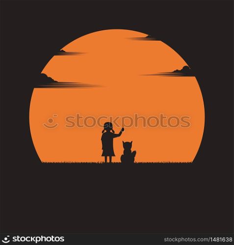 Girl and a dog on a sunset background. Silhouettes of alone on nature landscape. Vector illustration flat style