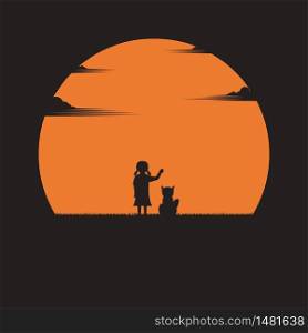 Girl and a dog on a sunset background. Silhouettes of alone on nature landscape. Vector illustration flat style