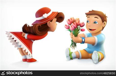 Girl and boy. Greetings, bouquet of flowers. Vector illustration
