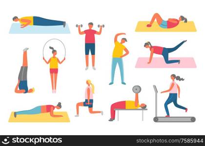 Girl and boy in sportwear pumping muscles with dumbbell, doing fitness with sport items, stretching on mat. Human lose weight, healthy activity vector. Pumping Muscles or Stretching, Lifestyle Vector