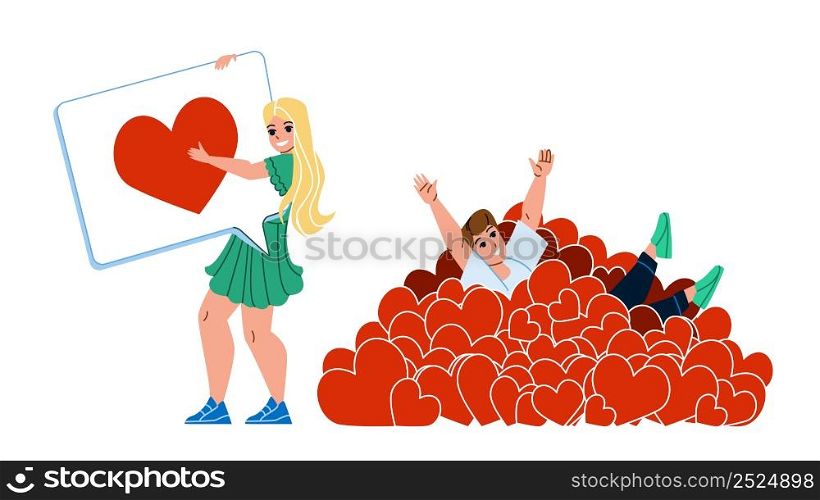 Girl And Boy Like Addiction In Social Media Vector. Young Man With Like Addiction Enjoying In Pile Of Hearts And Woman Resting Of Love Message Answer Or Review. Characters Flat Cartoon Illustration. Girl And Boy Like Addiction In Social Media Vector