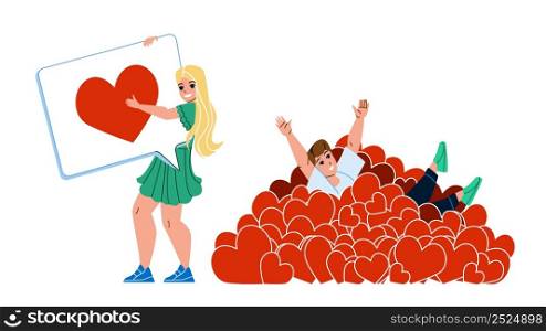 Girl And Boy Like Addiction In Social Media Vector. Young Man With Like Addiction Enjoying In Pile Of Hearts And Woman Resting Of Love Message Answer Or Review. Characters Flat Cartoon Illustration. Girl And Boy Like Addiction In Social Media Vector