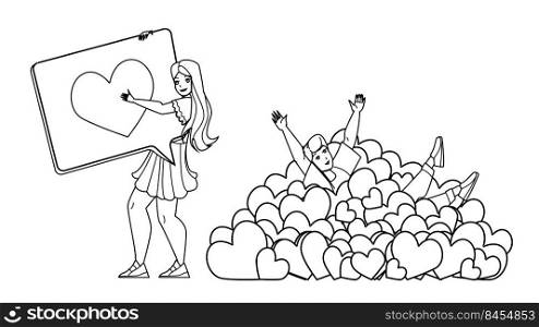 Girl And Boy Like Addiction In Social Media Vector. Young Man With Like Addiction Enjoying In Pile Of Hearts And Woman Resting Of Love Message Answer Or Review. Characters black line illustration. Girl And Boy Like Addiction In Social Media Vector