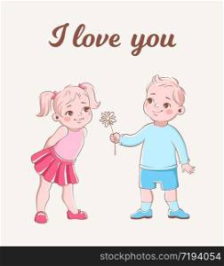 Girl and boy romantic card. Cartoon cute kids with flowers in love on date. Great relationship vector invitation concept. Girl and boy romantic card. Cartoon cute kids with flowers in love on date. Great relationship vector concept