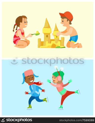 Girl and boy sitting and making sand castle, friends skating on rink, winter and summer activities. Portrait view of of smiling teenagers, childhood vector. Friends Sakiting and Making Castle, Season Vector