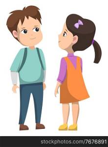 Girl and boy standing together. Schoolboy in blue shirt and pants with backpack. Schoolgirl wear orange dress. Friends stand and smile. Back to school concept. Flat cartoon vector illustration. Girl and Boy Standing Together After School Lesson