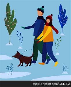 girl and boy walking a dog in winter park. family walk. Flat vector illustration. girl and boy walking a dog in winter park. family walk. Flat illustration