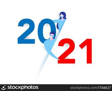 girl and boy wear mask with happy New Year 2021. vector. Number 2021 in the modern concept. 2021 Text. The year 2021 design vector in white Background