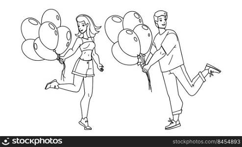 Girl And Boy With Air Balloon On Party Vector. Happy Man And Woman Holding Helium Balloon And Enjoying On Birthday Or Holiday Festival. Characters Enjoyment Together black line illustration. Girl And Boy With Air Balloon On Party Vector