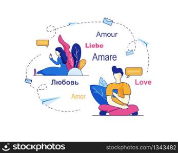 Girl and Boyfriend Communicate Via Social Network. Vector Illustration. Young People in Love Exchange Messages in Different Languages with Help Artificial Language Translator Online.