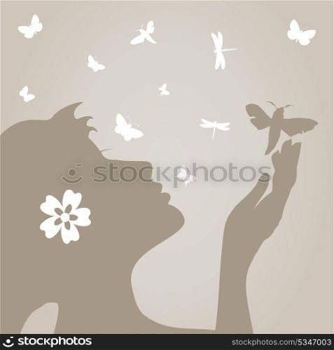 Girl and butterfly. The girl lets out the butterfly. A vector illustration