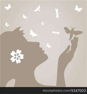 Girl and butterfly. The girl lets out the butterfly. A vector illustration