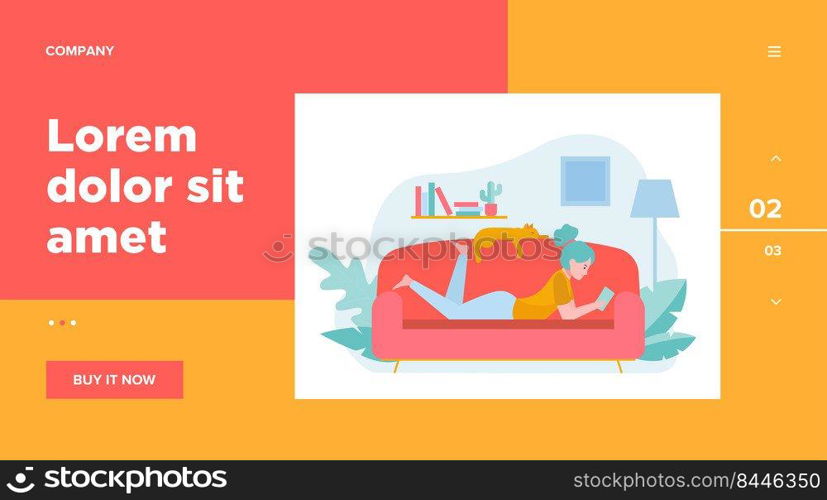 Girl and cat relaxing on sofa flat vector illustration. Cartoon woman laying in comfort and reading. Home evening and entertainment concept