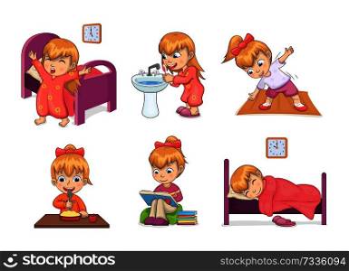 Girl and daily routine collection, waking up, brushing teeth, stretching and eating, studying and sleeping, daily routine set vector illustration. Girl Daily Routine Collection Vector Illustration