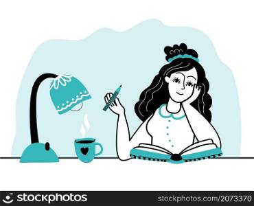 Girl and diary. Woman write journal, young student studying and make note. Author writing book, female homework or drawing decent vector concept. Illustration student and diary journal, notebook girl. Girl and diary. Woman write journal, young student studying and make note. Author writing book, female doing homework or drawing decent vector concept