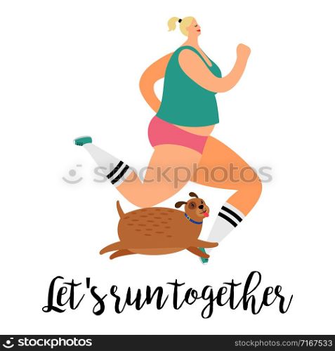 Girl and dog run together vector illustration on white background. Girl and dog run together