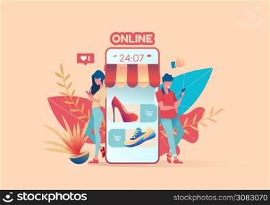 Girl and guy are standing near huge phone in form of store. Choose product and like it, shop online. Concept of easy payment and delivery of goods. Online shopping metaphor. Flat vector illustration