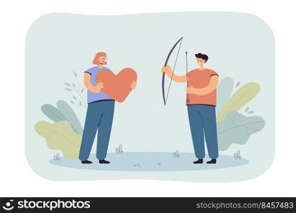 Girl and guy holding giant heart, bow and arrows in hands. Flat vector illustration. Man and woman in love, couple, Cupid arrows, romantic relationship. Romance, relationship, love concept for design