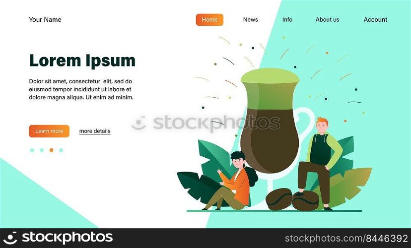 Girl and guy with big glass of latte. Sugar, morning, aroma flat vector illustration. Hot beverages and coffee break concept for banner, website design or landing web page