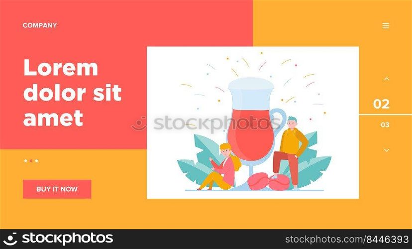 Girl and guy with big glass of latte. Sugar, morning, aroma flat vector illustration. Hot beverages and coffee break concept for banner, website design or landing web page