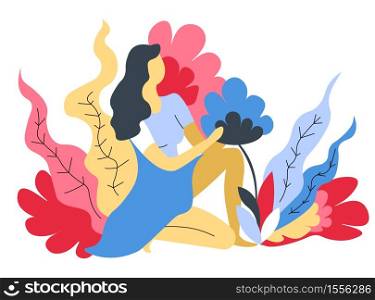 Girl and leaves isolated abstract icon woman and nature beauty and resting harmony, and femininity vector health and body care human and environment female character in dress sitting on ground.. Woman and nature beauty and resting harmony and femininity