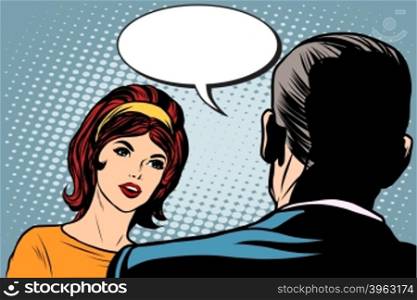 Girl and male dialogue pop art retro style. Man and woman talking retro vector. Girl and male dialogue