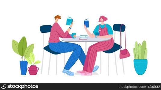 Girl and man reading books sitting in cafe or in kitcen, students read and study, literature fans or lovers concept, modern flat cartoon textured people character isolated on white vector illustration. Literature fans people with books