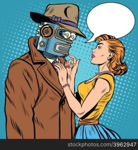 girl and robot artificial intelligence fiction pop art retro style. Unusual pair of lovers. Valentine day. girl and robot artificial intelligence fiction