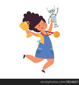 Girl and robot. Robotics competition winner, award for programming child. Happy engineering student wins gold cup decent vector illustration. Robotic winner programming, student and new technology. Girl and robot. Robotics competition winner, award for programming child. Happy engineering student wins gold cup decent vector illustration