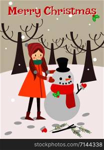 Girl and snowman in winter season. Christmas greetings card.
