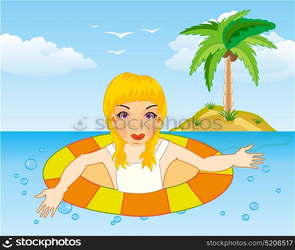 Girl and swimming circle. Making look younger girl sails on inflatable circle in ocean