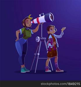 Girl and woman looking through telescope. Concept of astronomy education, cosmos exploration and discovery. Vector cartoon illustration of mother and daughter watching stars and planets. Girl and woman looking through telescope