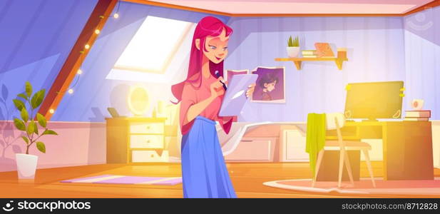 Girl artist draw on digital tablet in bedroom on attic. Vector cartoon illustration of mansard room interior with bed, computer, table and young woman graphic designer with pink hair. Girl artist draw on tablet in bedroom on attic