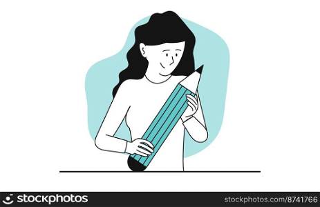 Girl artist with a pencil vector illustration concept. Happy cartoon character drawing and creativity human. Business learning draw and person creative hobby. Young woman painter and smile face