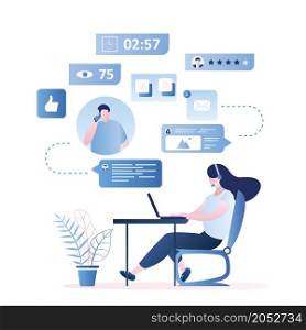 Girl assistant with headset on workplace, Online support background,feedback concept with various web signs,online seller woman, trendy style vector illustration