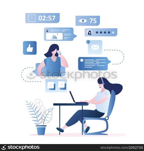 Girl assistant with headset on workplace, Online support background,feedback concept with various web signs,online seller woman, trendy style vector illustration