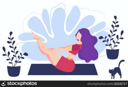 Girl at home in garden with plants growing in pots. Relaxed young woman enjoying rest. Girl meditates. flat cartoon style. Urban jungle. Meditation at Home. Girl at greenhouse or home garden with plants growing in pots. Relaxed young woman enjoying rest. Girl meditates.