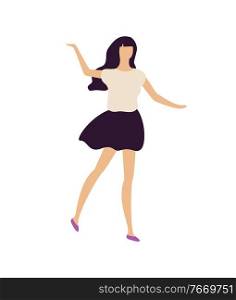 Girl at nightclub, brunette clubber on disco party isolated. Vector pretty woman dancer in white shirt and black skirt dancing cartoon character in flat style. Girl at Nightclub, Brunette Clubber on Disco Party