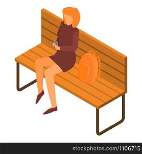 Girl at park bench icon. Isometric of girl at park bench vector icon for web design isolated on white background. Girl at park bench icon, isometric style