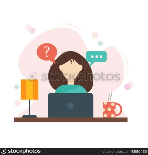 Girl at the computer, online chat application concept, communication, idea, solution, inspiration. Trendy flat modern design vector illustration.