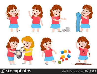 Girl bad behavior. Cartoon bully child cry, angry, fight, mocking and make mess. Sisters fighting over toy. Naughty kid character vector set. Angry behavior girl, kids fight illustration. Girl bad behavior. Cartoon bully child cry, angry, fight, mocking and make mess. Sisters fighting over toy. Naughty kid character vector set